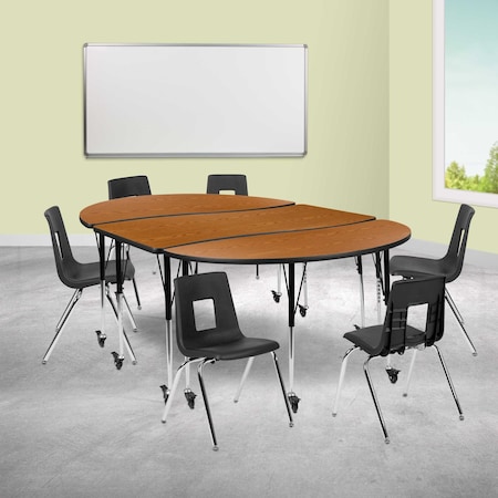 Flash Furniture Mobile 86" Oval Wave Oak Table Set-18" Chairs XU-GRP-18CH-A3060CON-60-OAK-T-A-CAS-GG